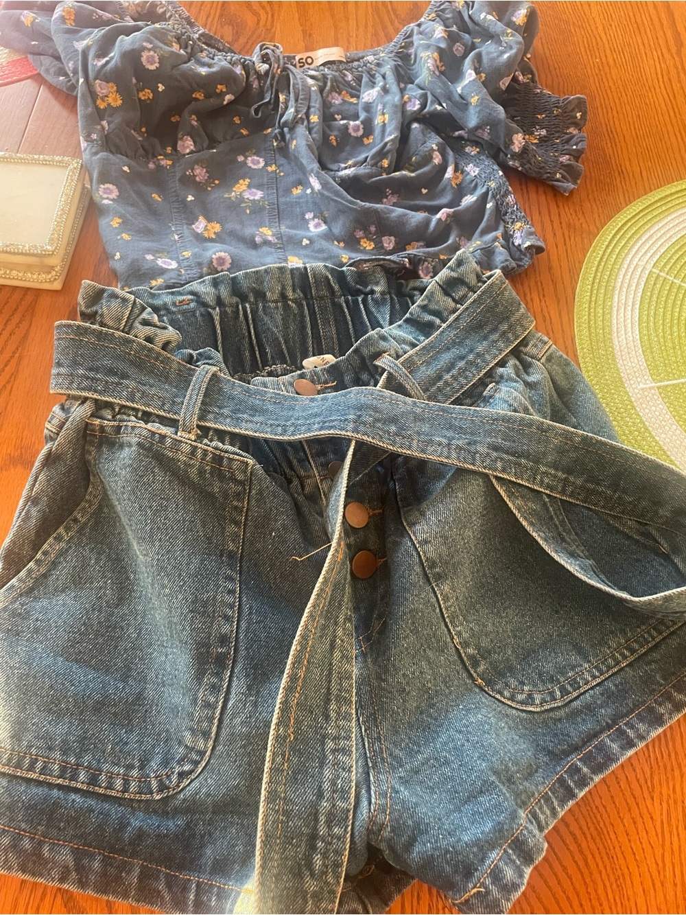 Denim Paperbag Waist Shorts with Tie Belt - Blue with top included